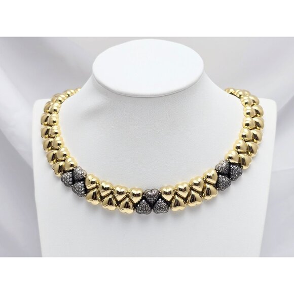 18K Two Tone Multi Color Gold Antique Multi Heart Diamond Choker Link Necklace - Picture 1 of 16